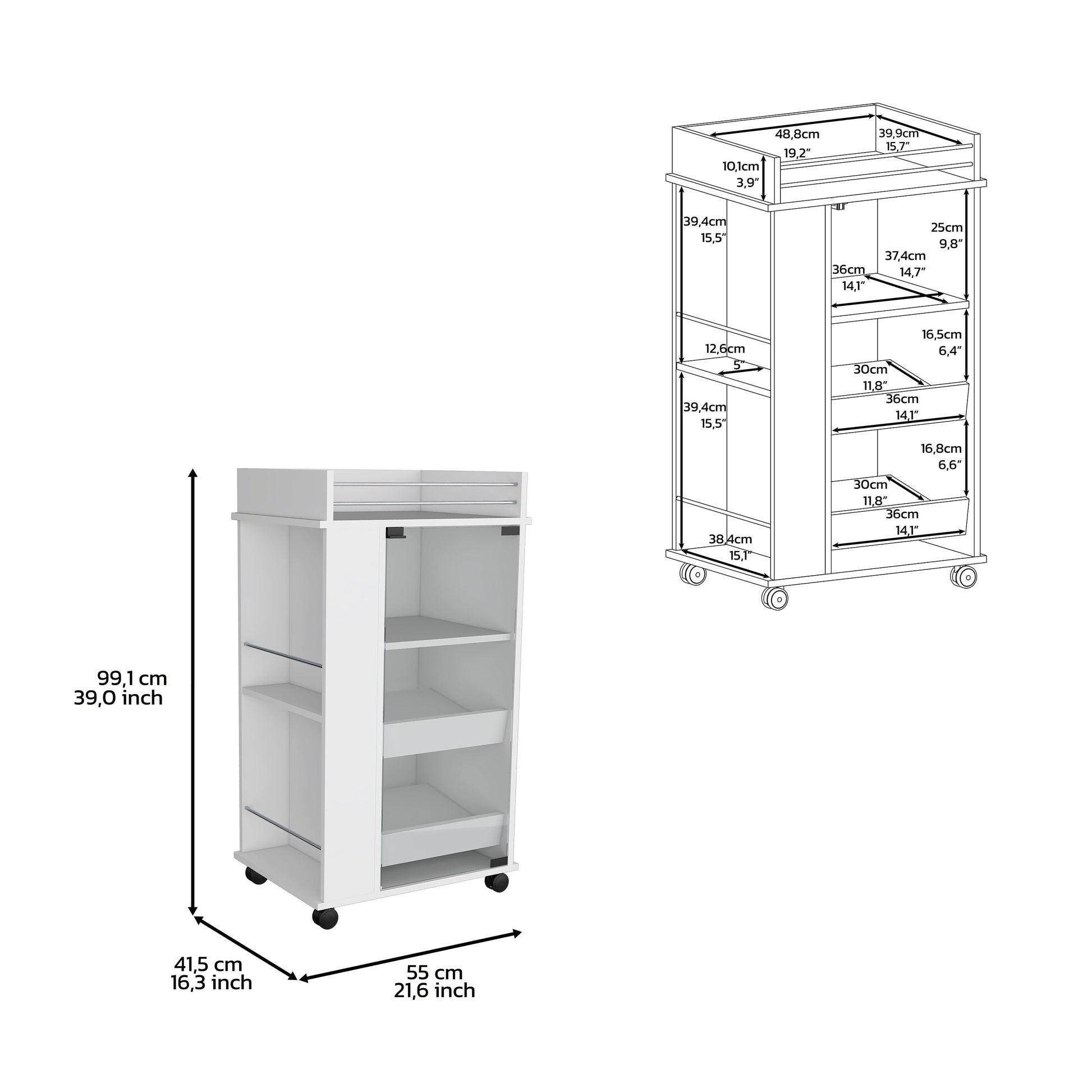 White wheeled trolley cart with multiple shelves and compartments