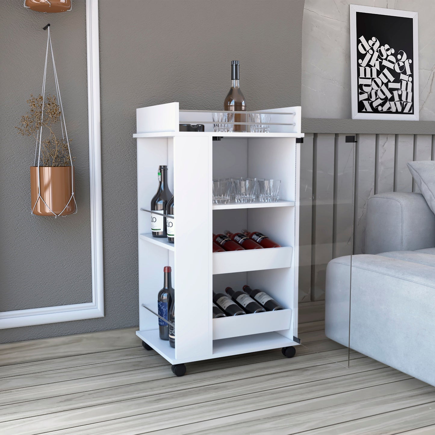 White mobile bar cart with shelves for wine bottles and glasses