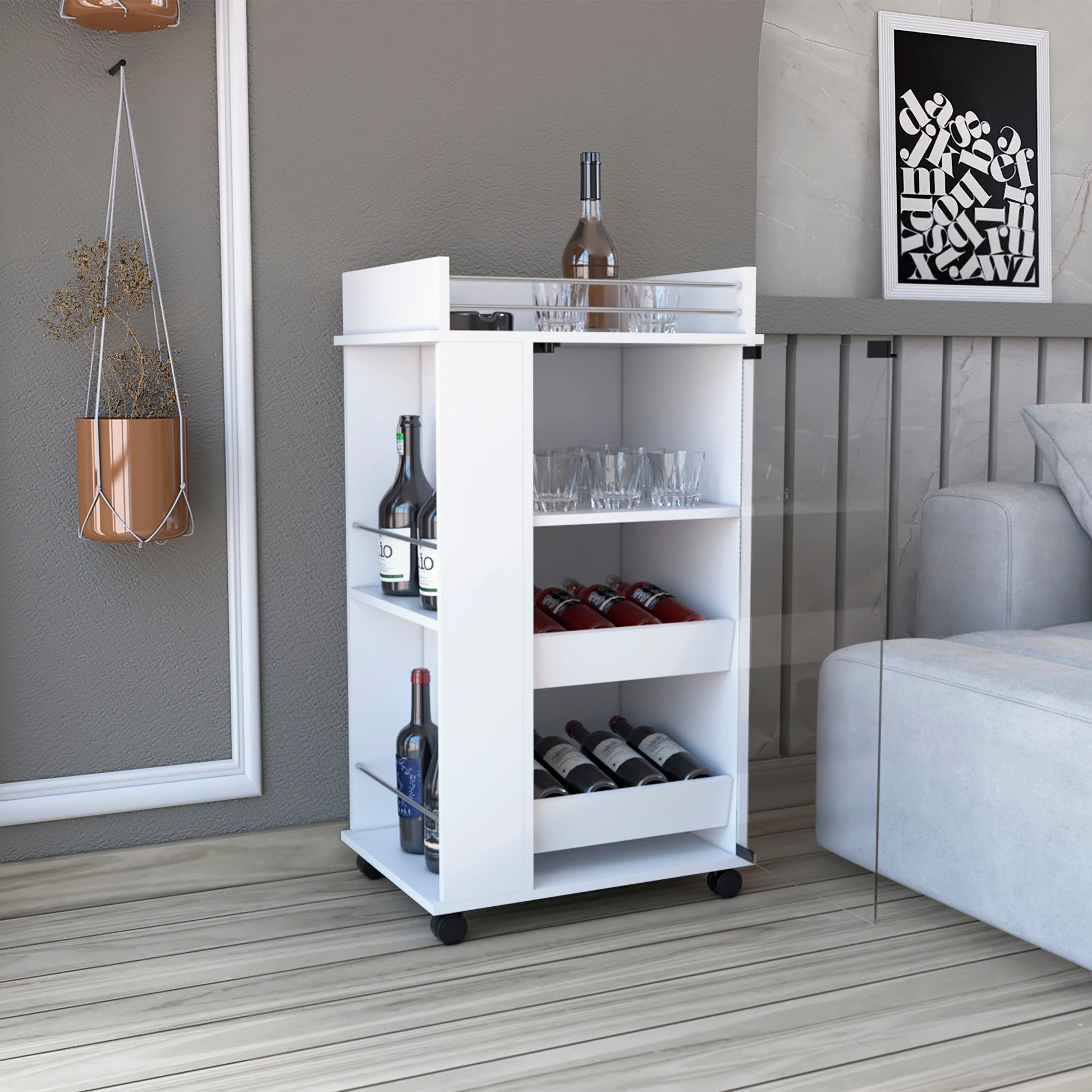 White mobile bar cart with shelves for wine bottles and glasses