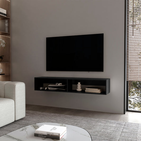 Modern floating media console in black mounted below a TV ideal for living rooms