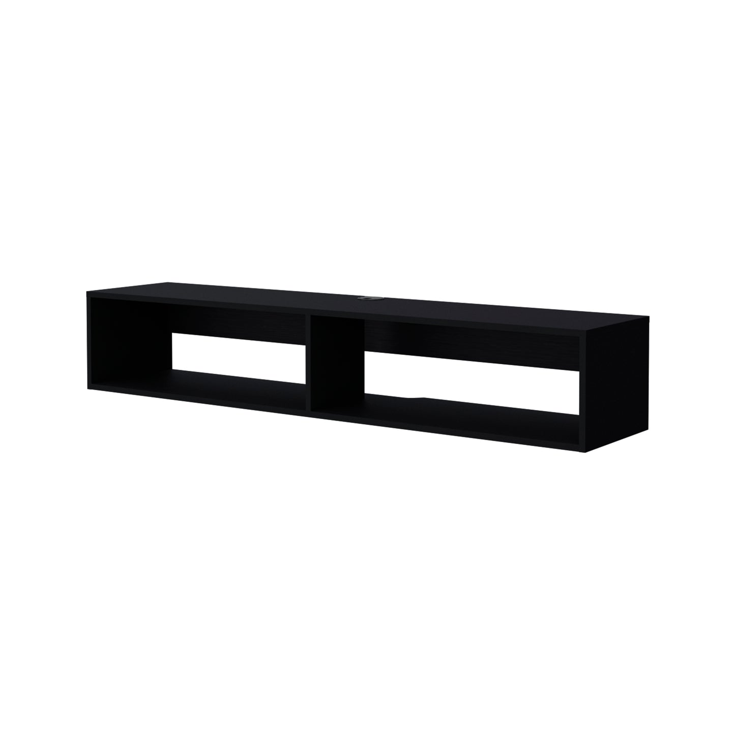 Sleek black wallmounted media console with two open shelving compartments for media devices