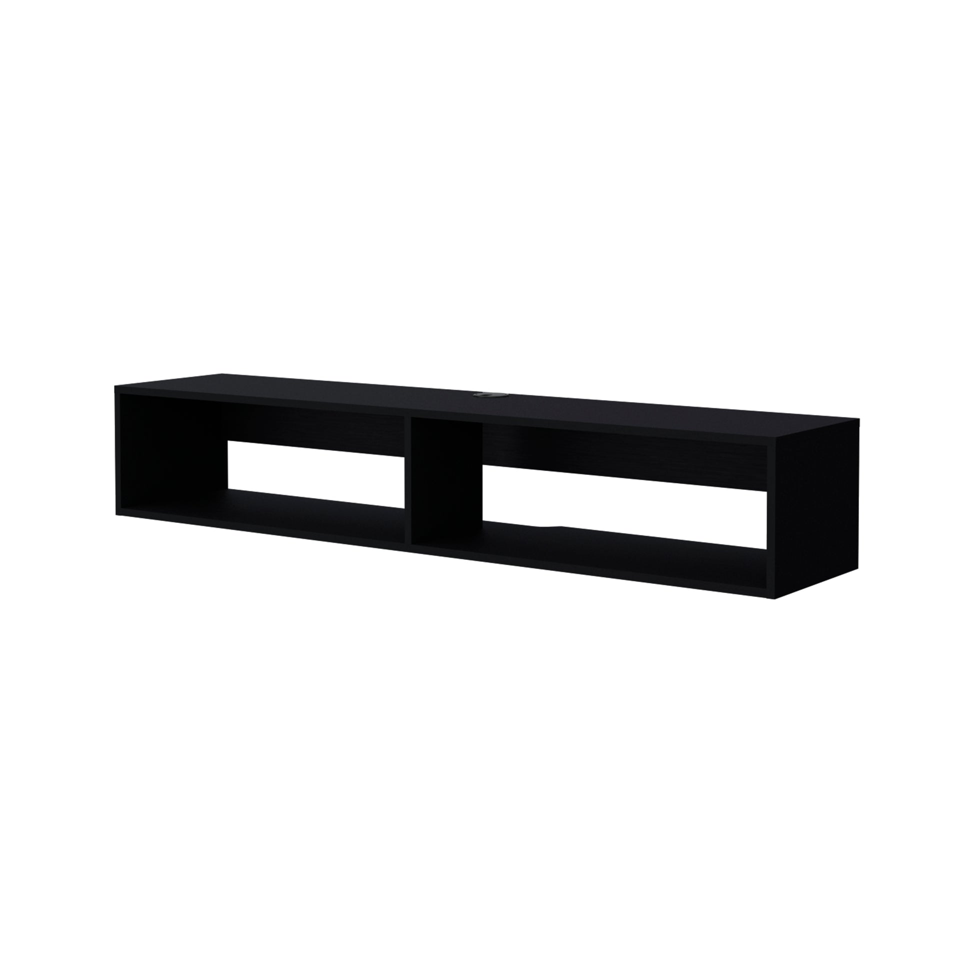 Sleek black wallmounted media console with two open shelving compartments for media devices