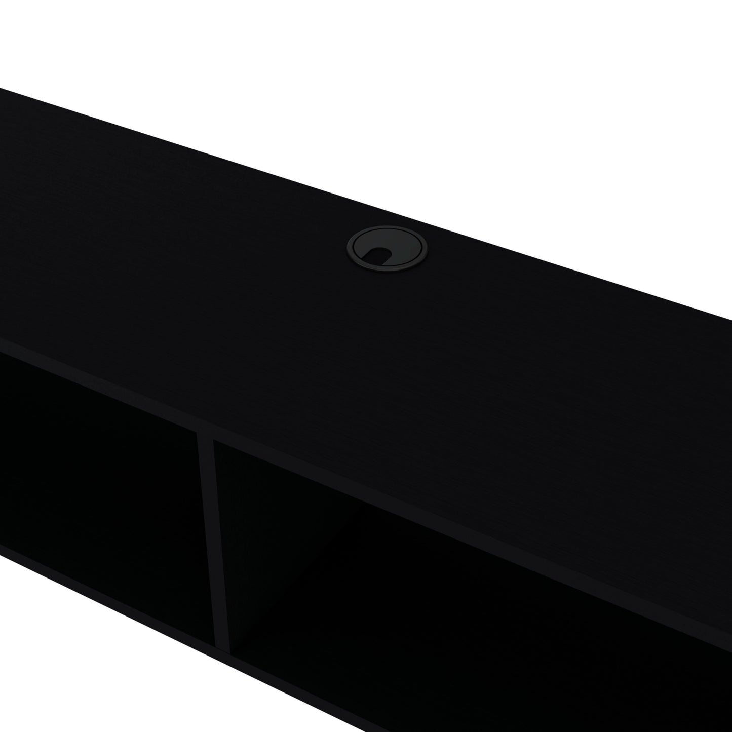 Black minimalist desk with builtin cable management grommet