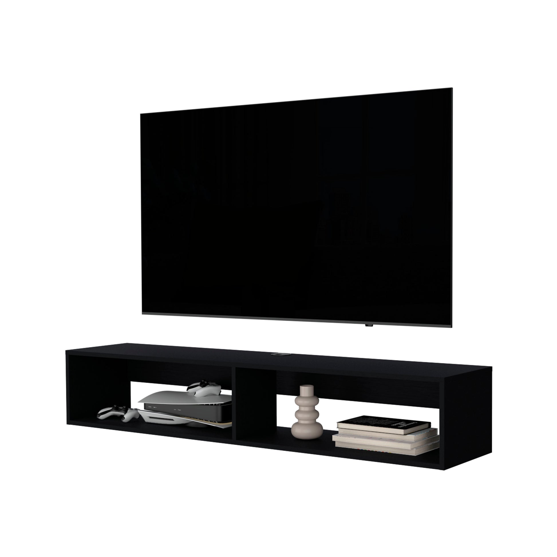 Sleek black floating entertainment center with modern media console and wallmounted TV