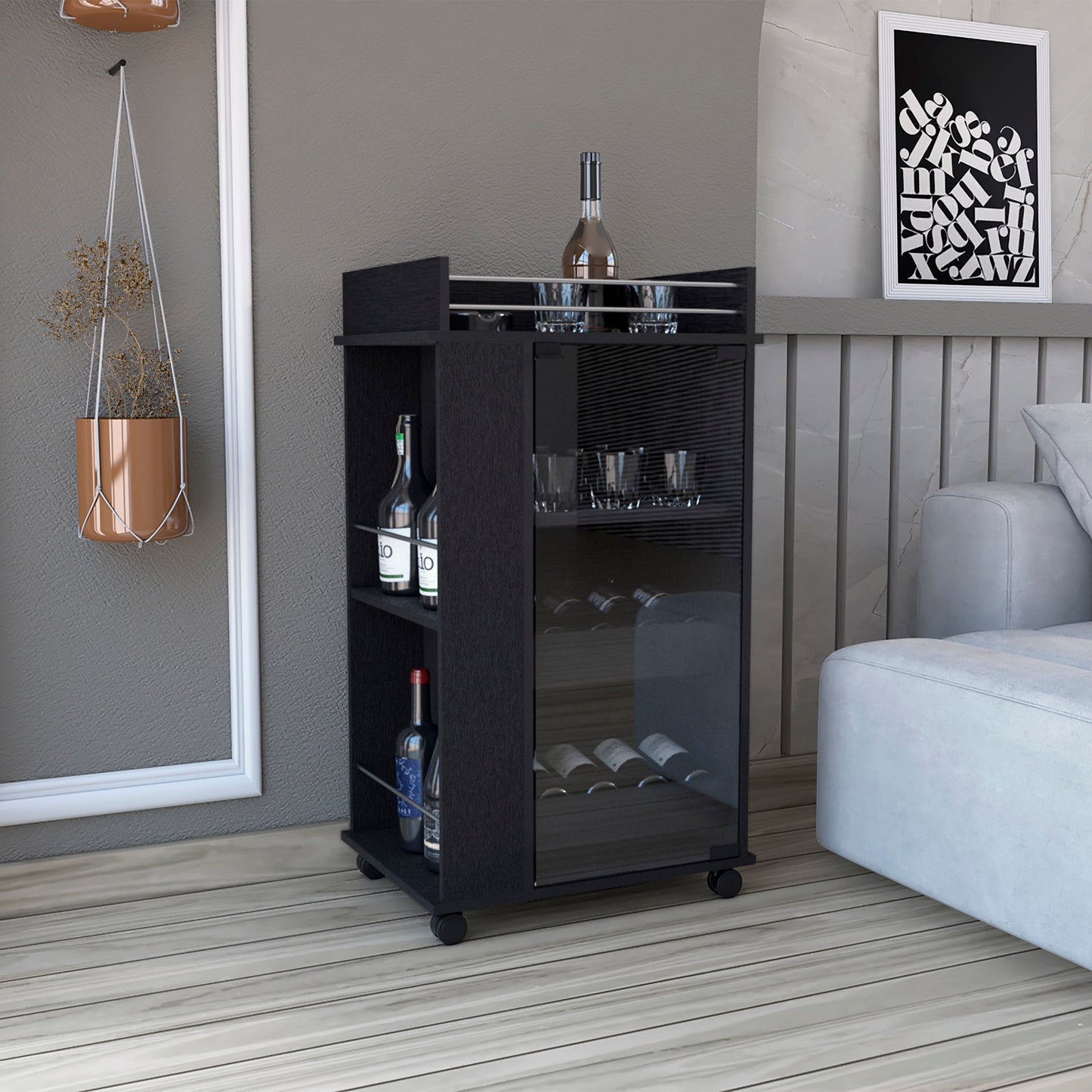 Black modern bar cart with glass doors and wine racks