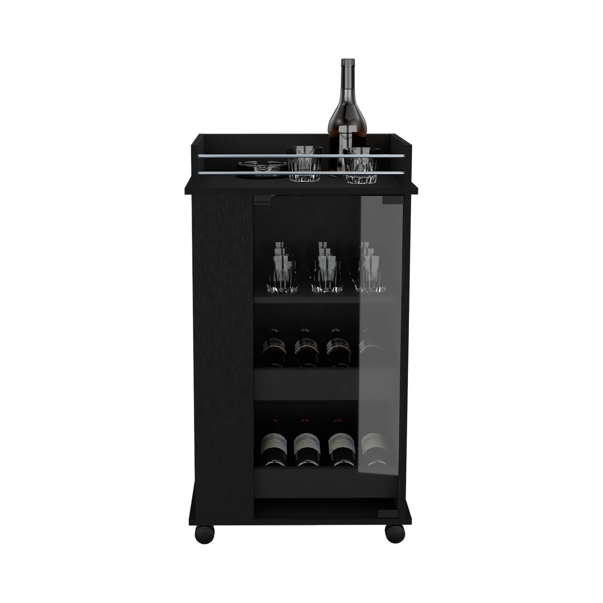 Black modern bar cart with glass doors holding wine bottles and glasses
