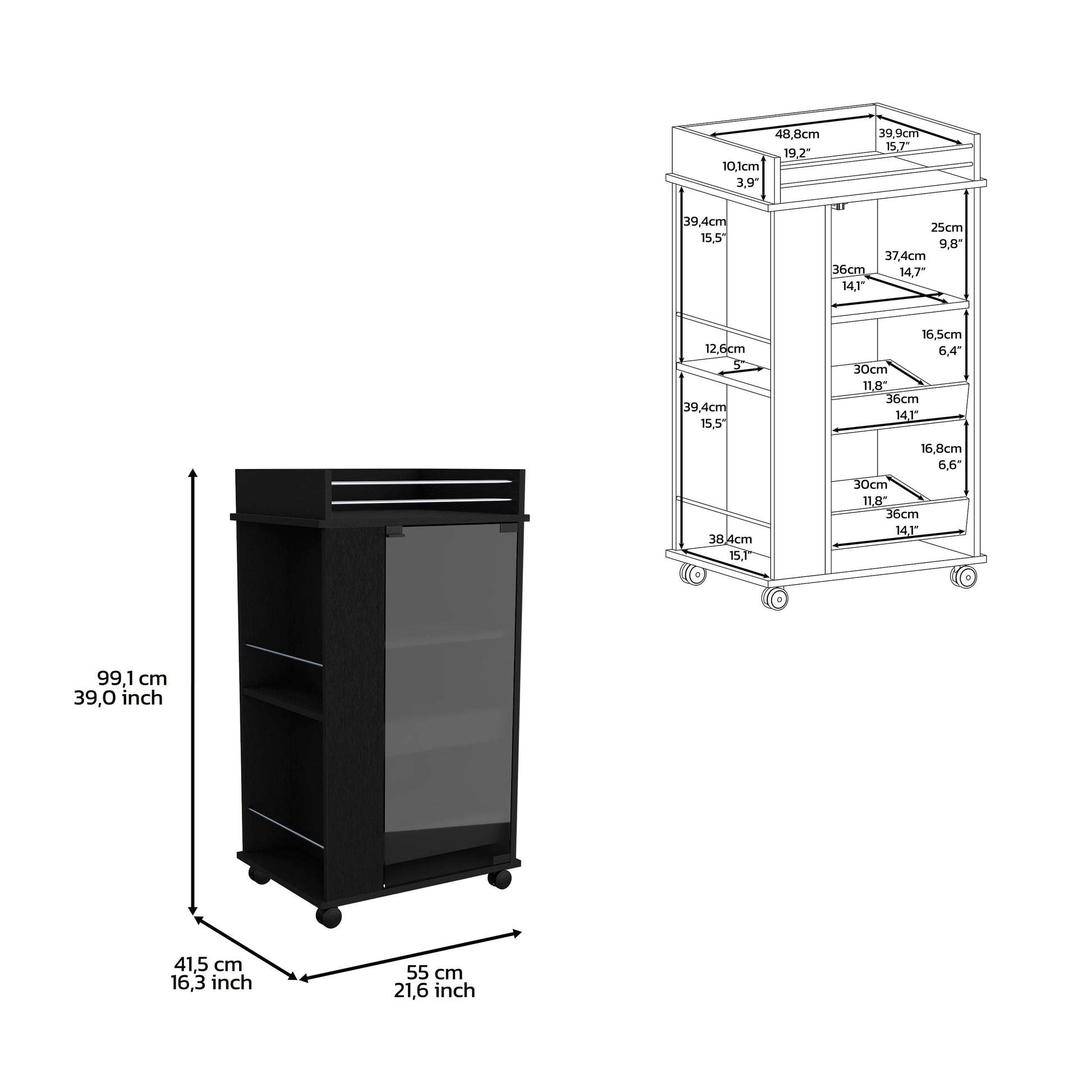 Black wheeled storage cart with glass door and open shelves