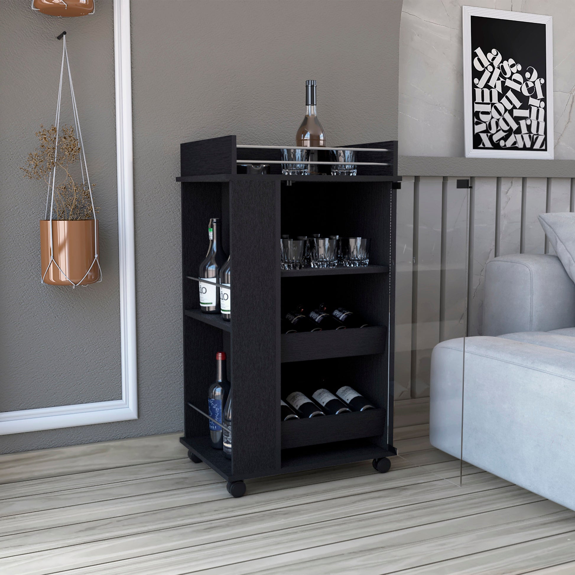 Black wheeled bar cart with wine bottles and glasses