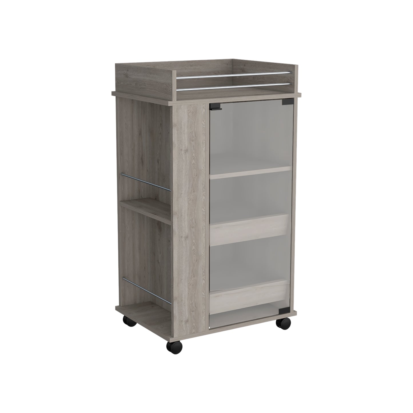 Light oak rolling bar cart with frosted glass door and silver accents