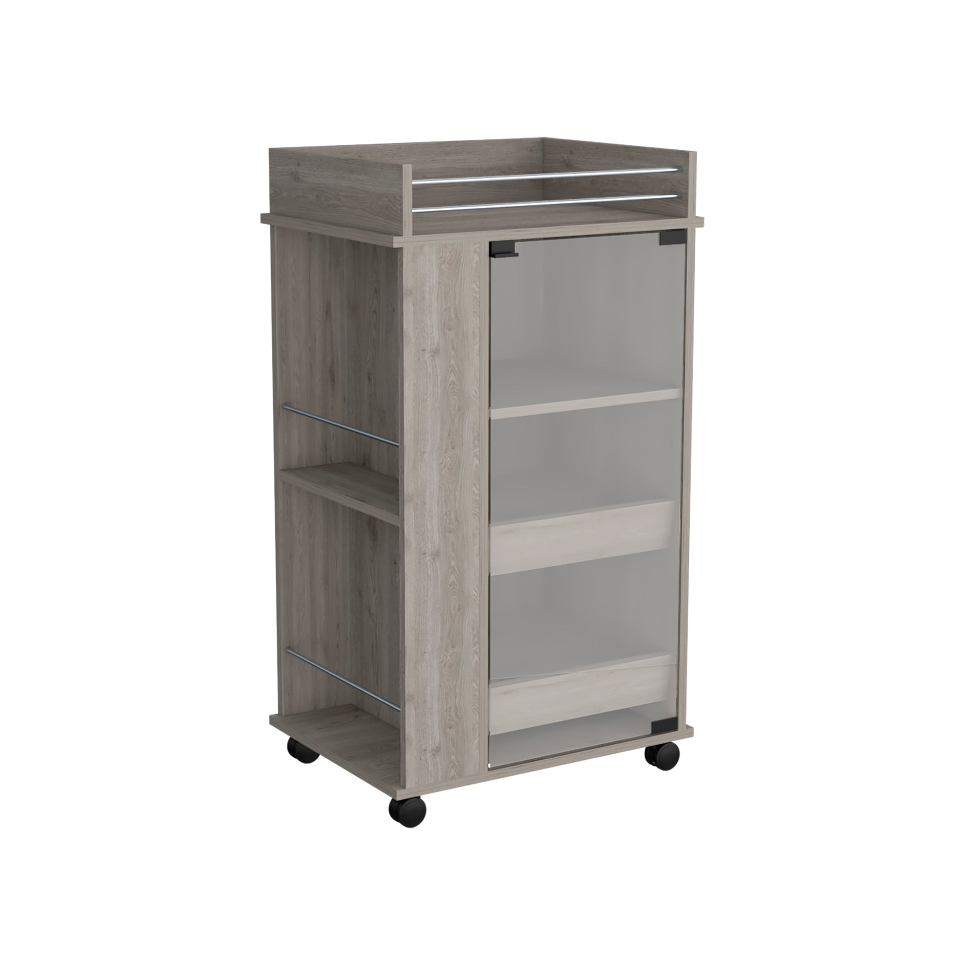 Light oak rolling bar cart with frosted glass door and silver accents