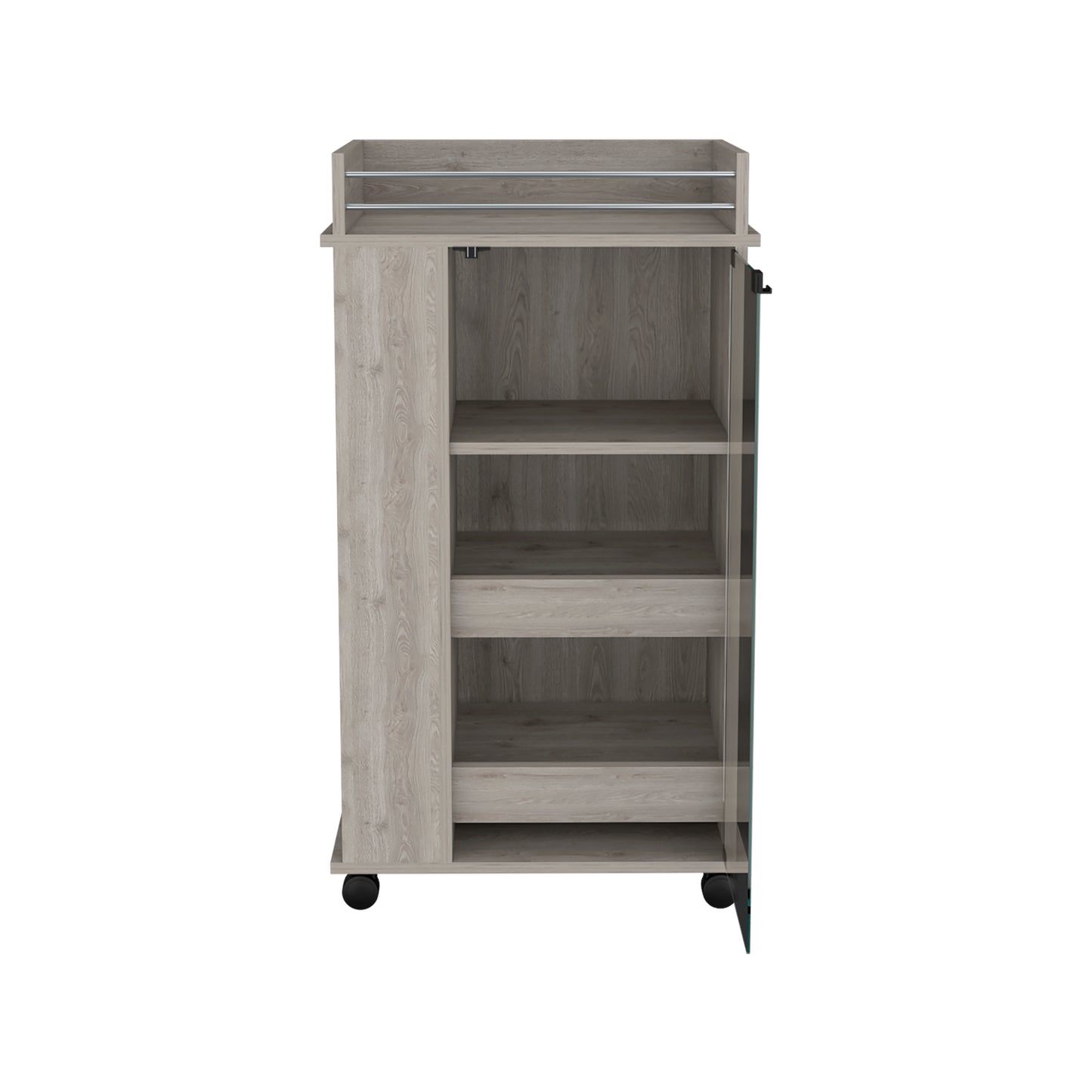 Rustic wood bar cart with three shelves and chrome towel rack
