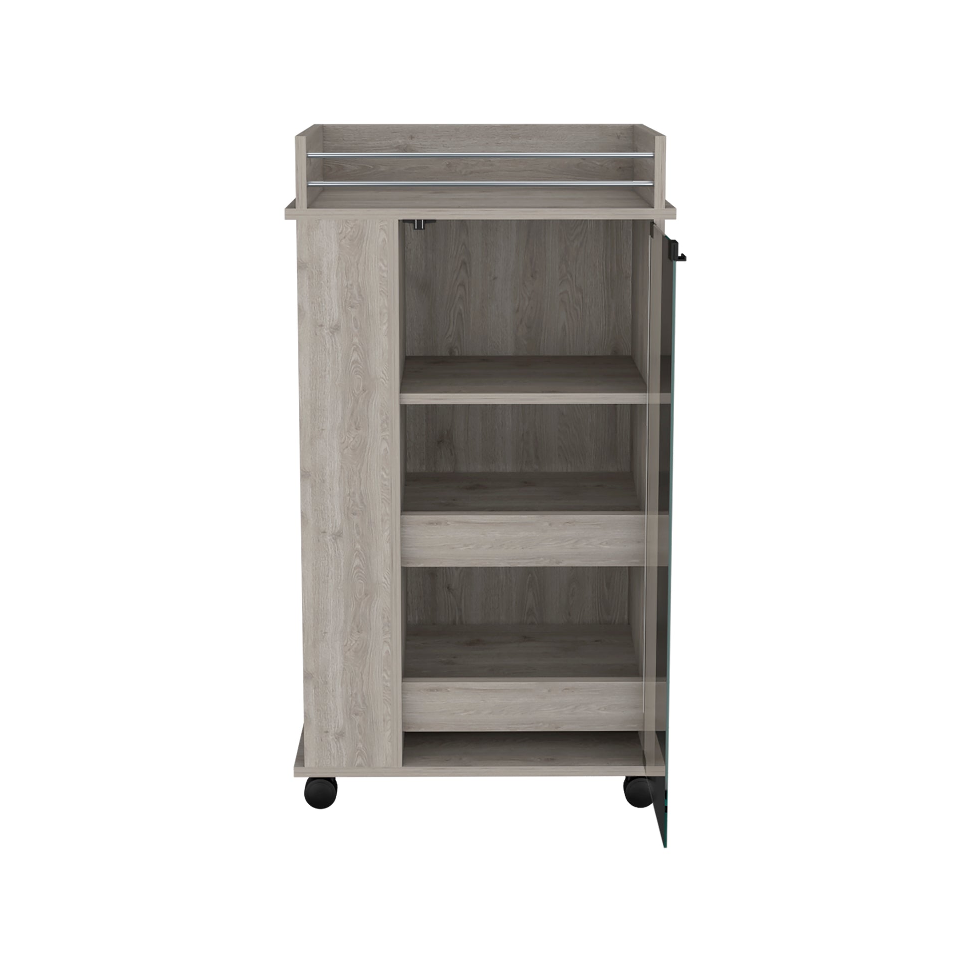 Rustic wood bar cart with three shelves and chrome towel rack
