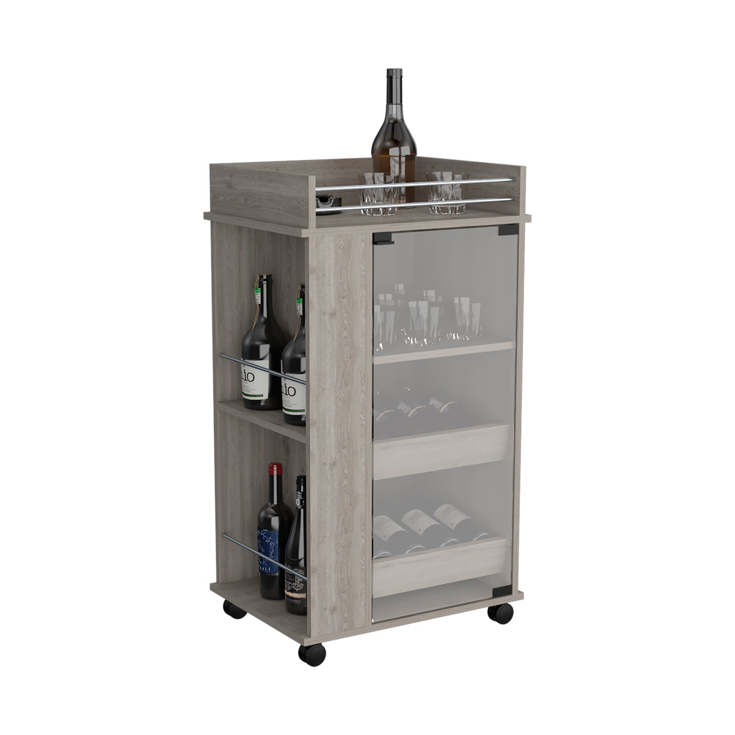 Grey wood bar cart with bottle and glass storage