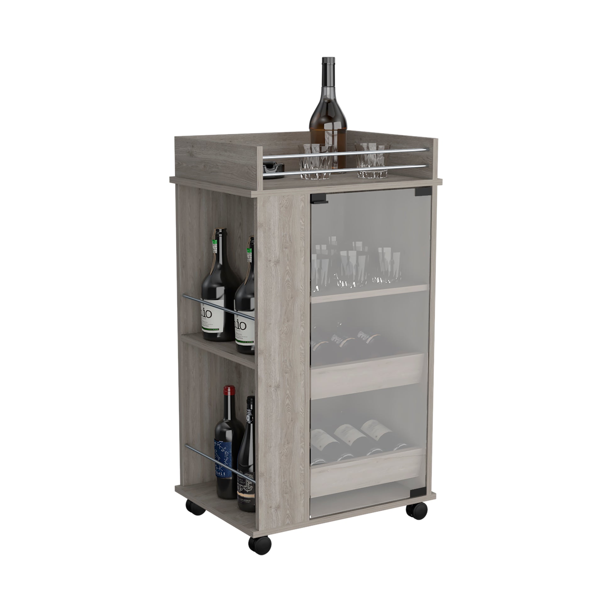 Grey wood bar cart with bottle and glass storage