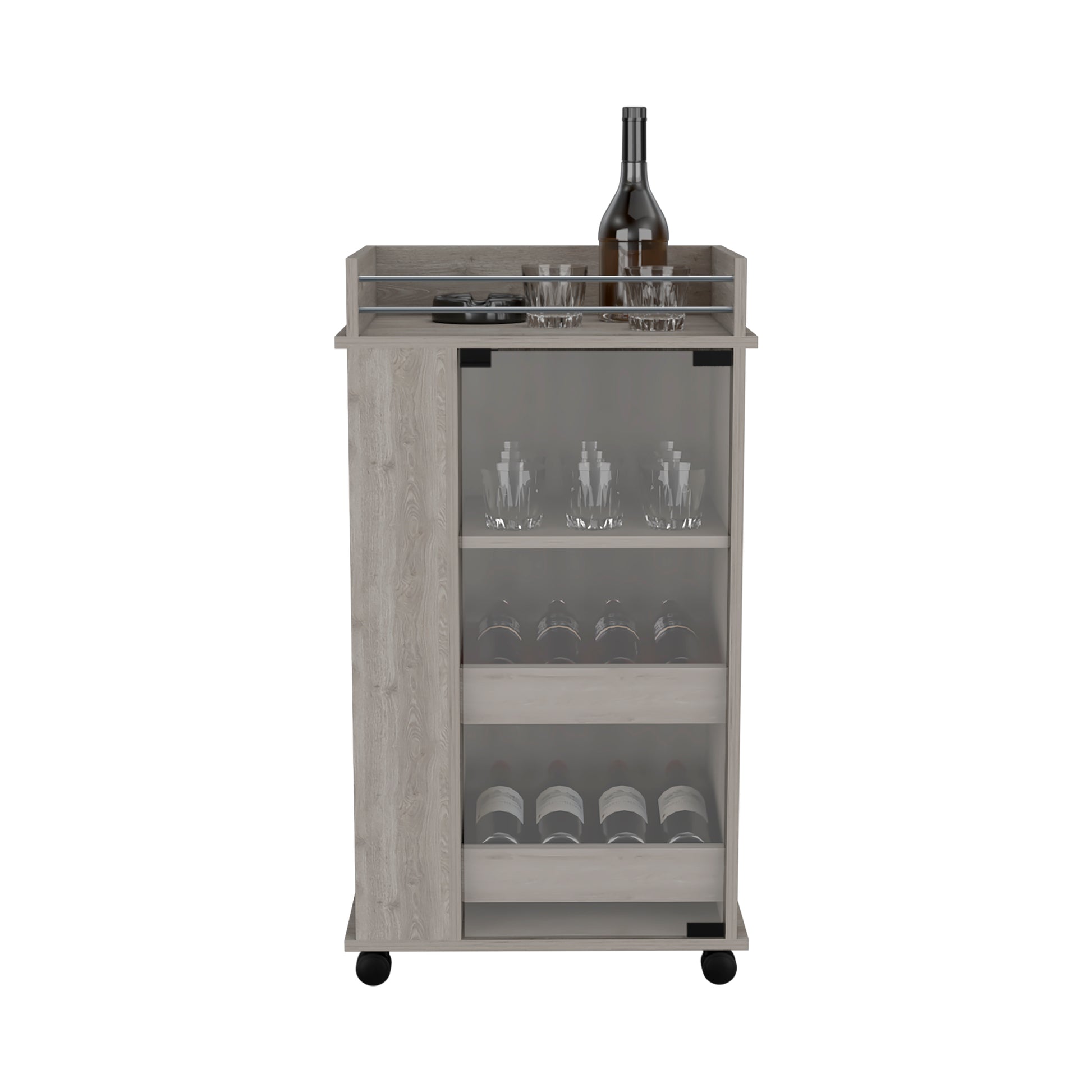 Wooden bar cart with glass shelves and wine rack