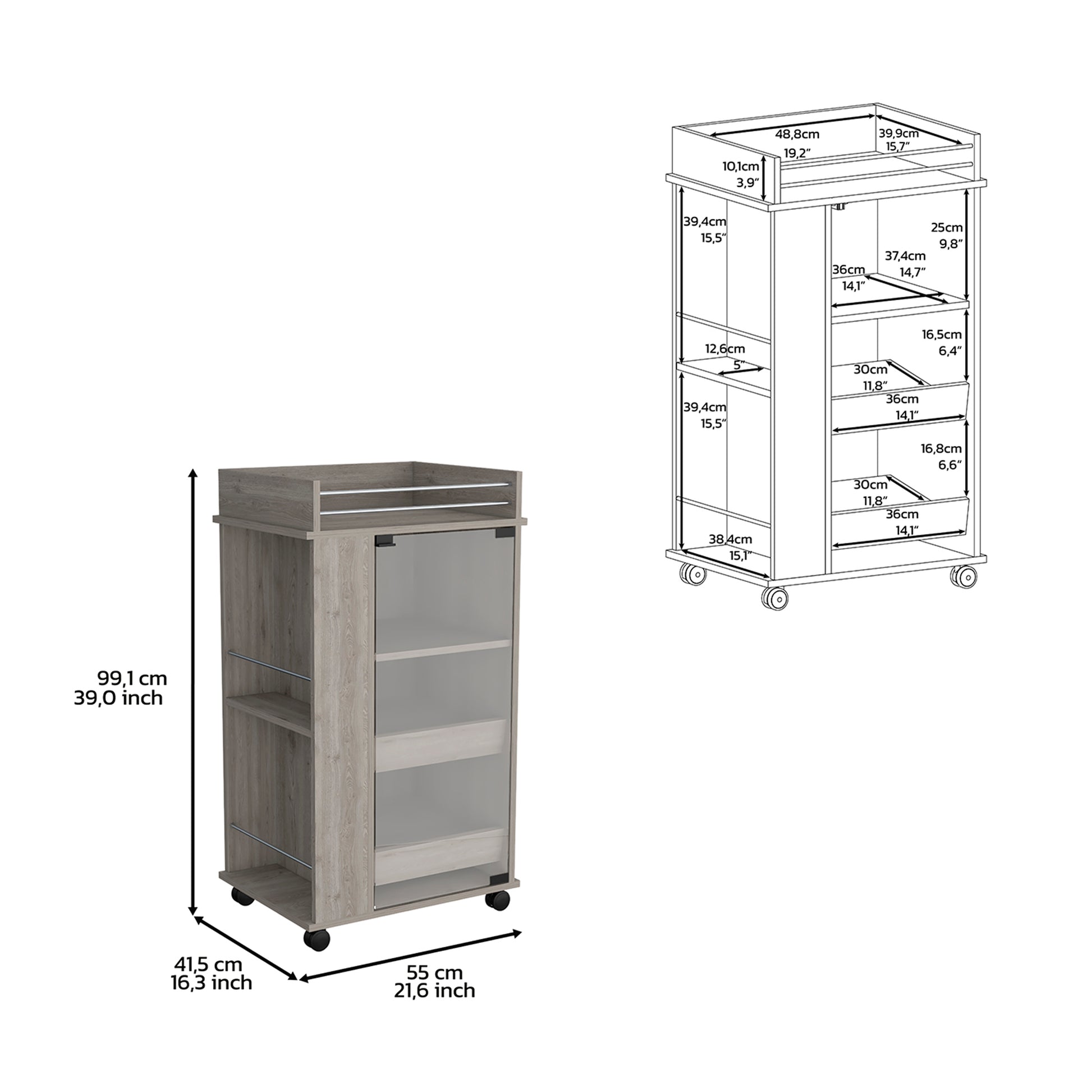 Light oak kitchen trolley with two shelves and a glasspaneled cabinet ideal for small kitchens