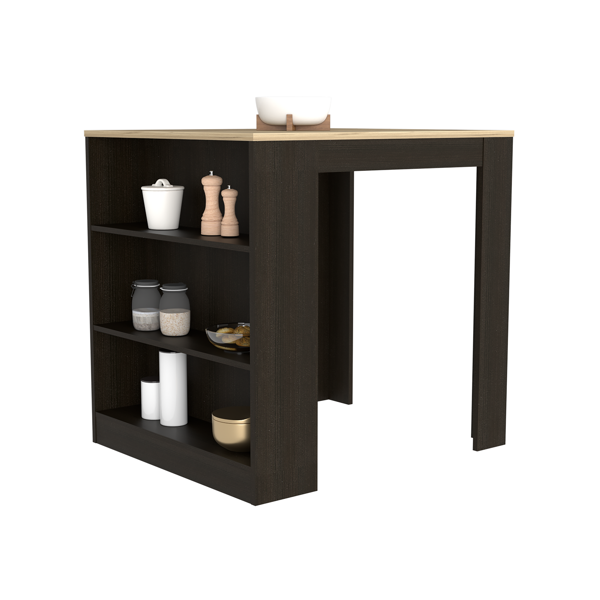 Dark wood breakfast bar with open shelving and a light wood countertop