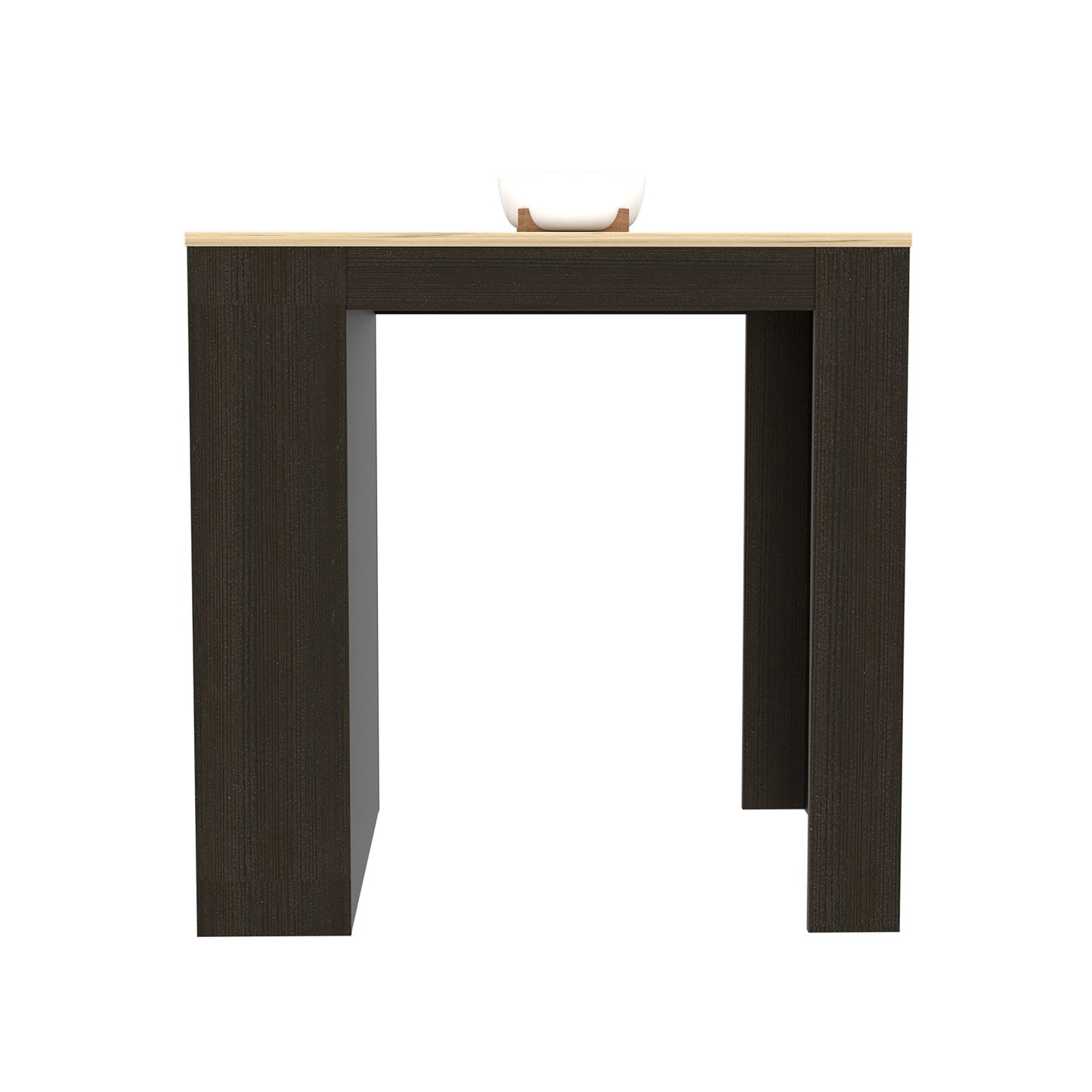 Dark oak finish console table with a light wood top and white ceramic bowl