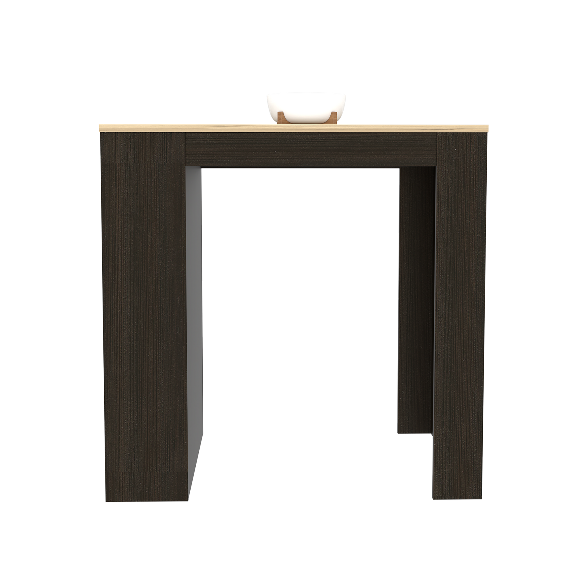 Dark oak finish console table with a light wood top and white ceramic bowl