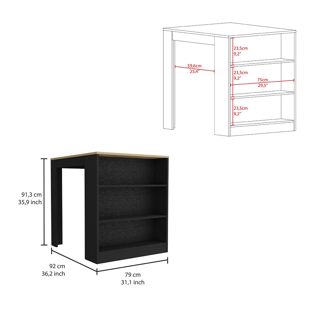 Black bar table with three open shelves and woodgrain top