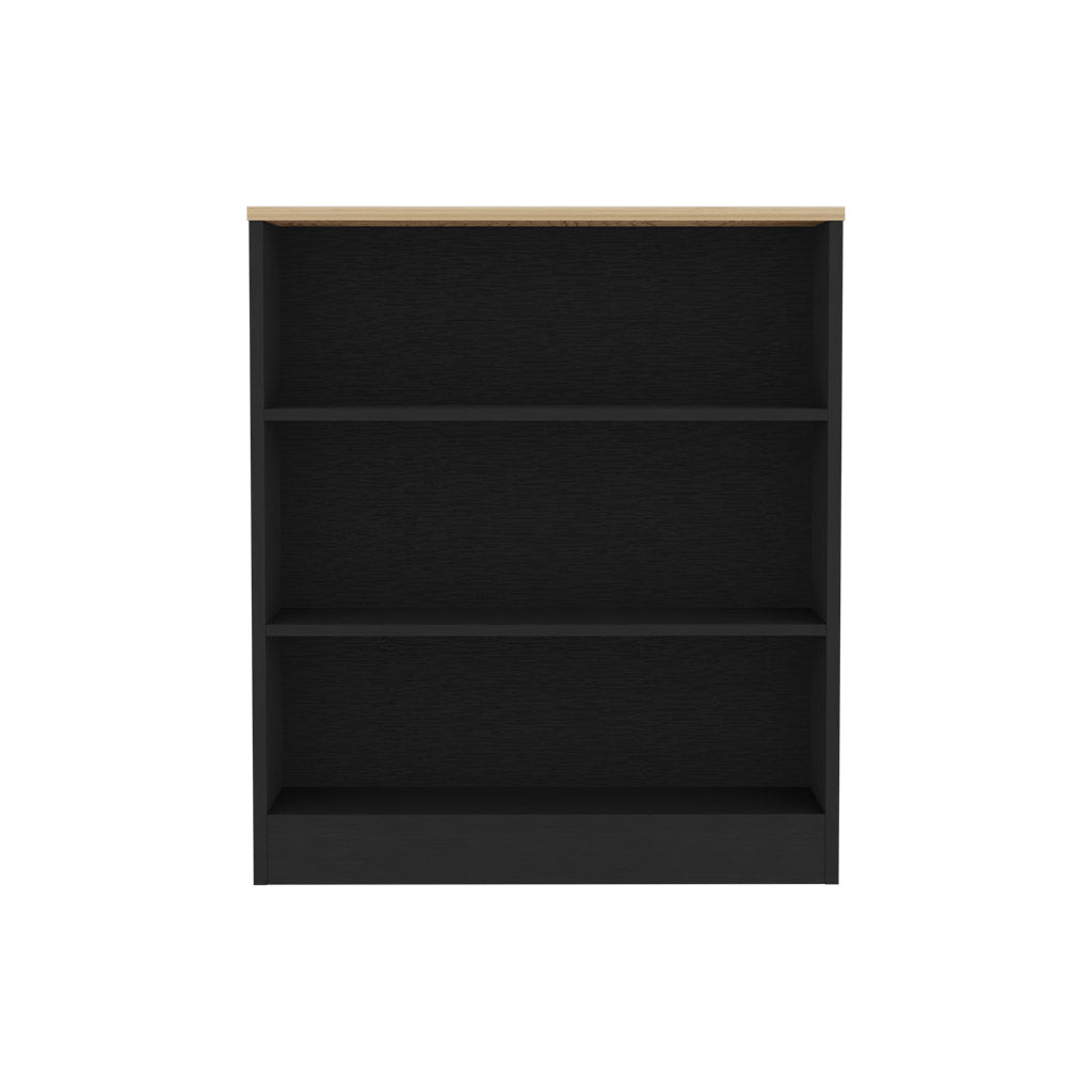 Black threeshelf bookcase with light wood top accent