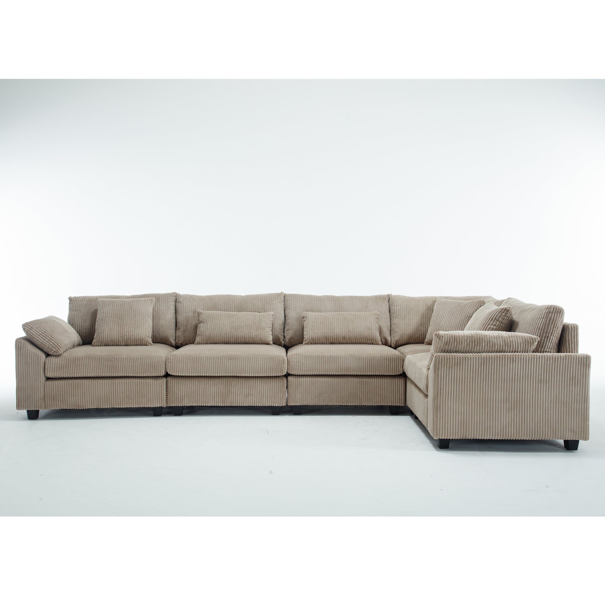 Beige corduroy sectional sofa with plush cushions and modern design