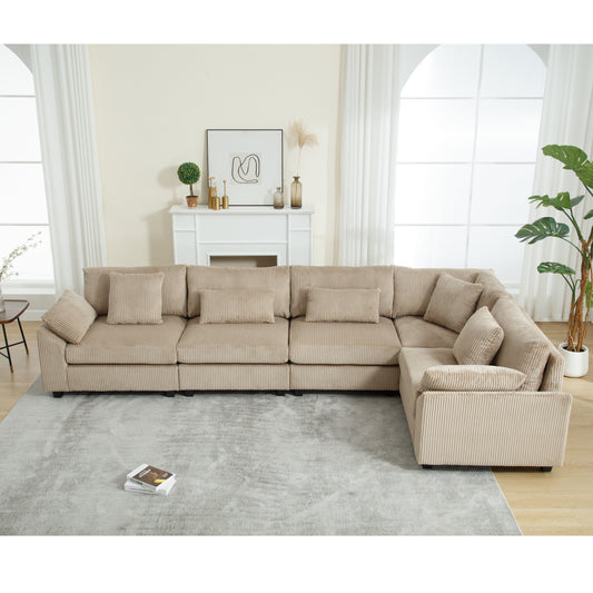 Comfortable beige corduroy sectional sofa with plush cushions for living room relaxation