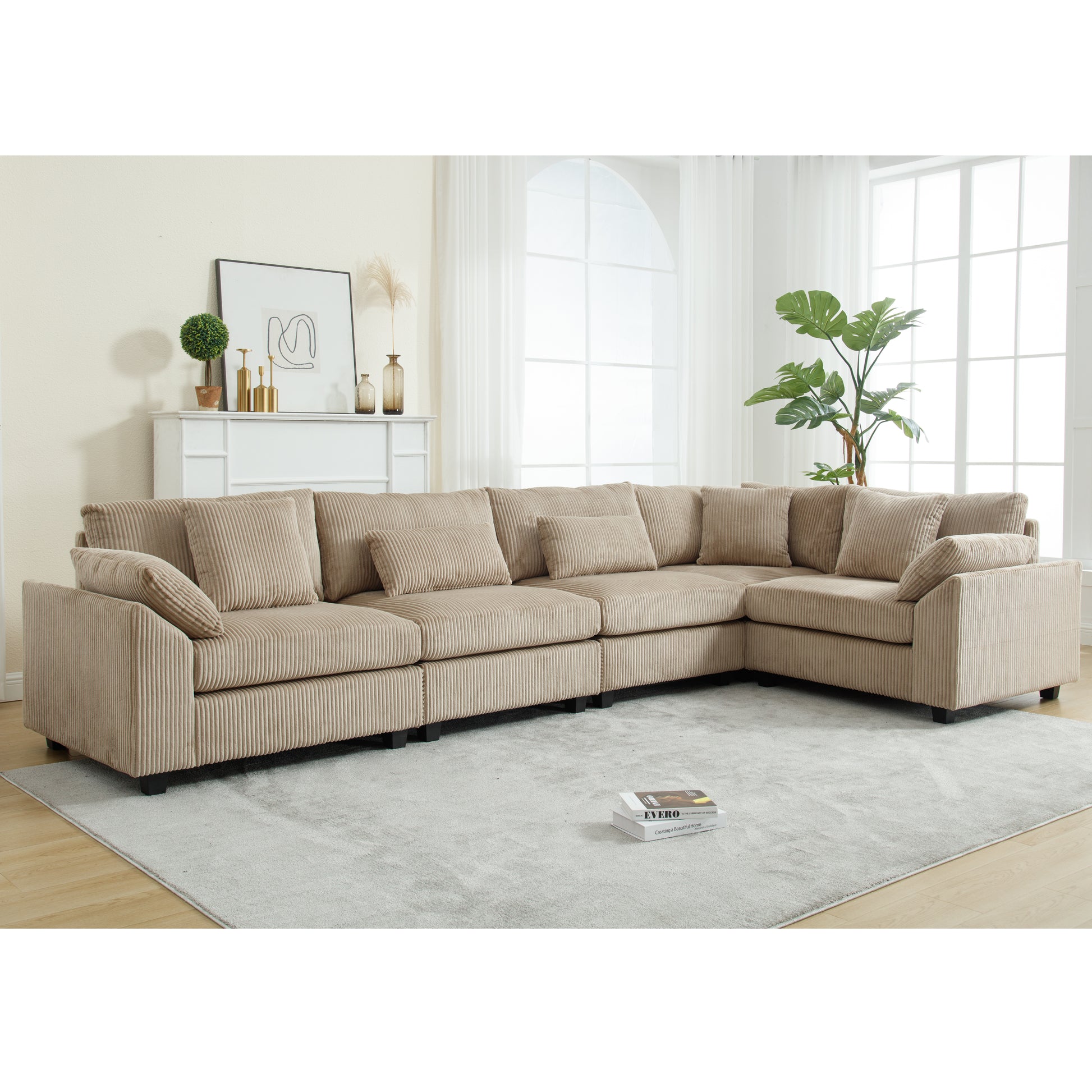Beige corduroy sectional sofa with plush cushions and modern design