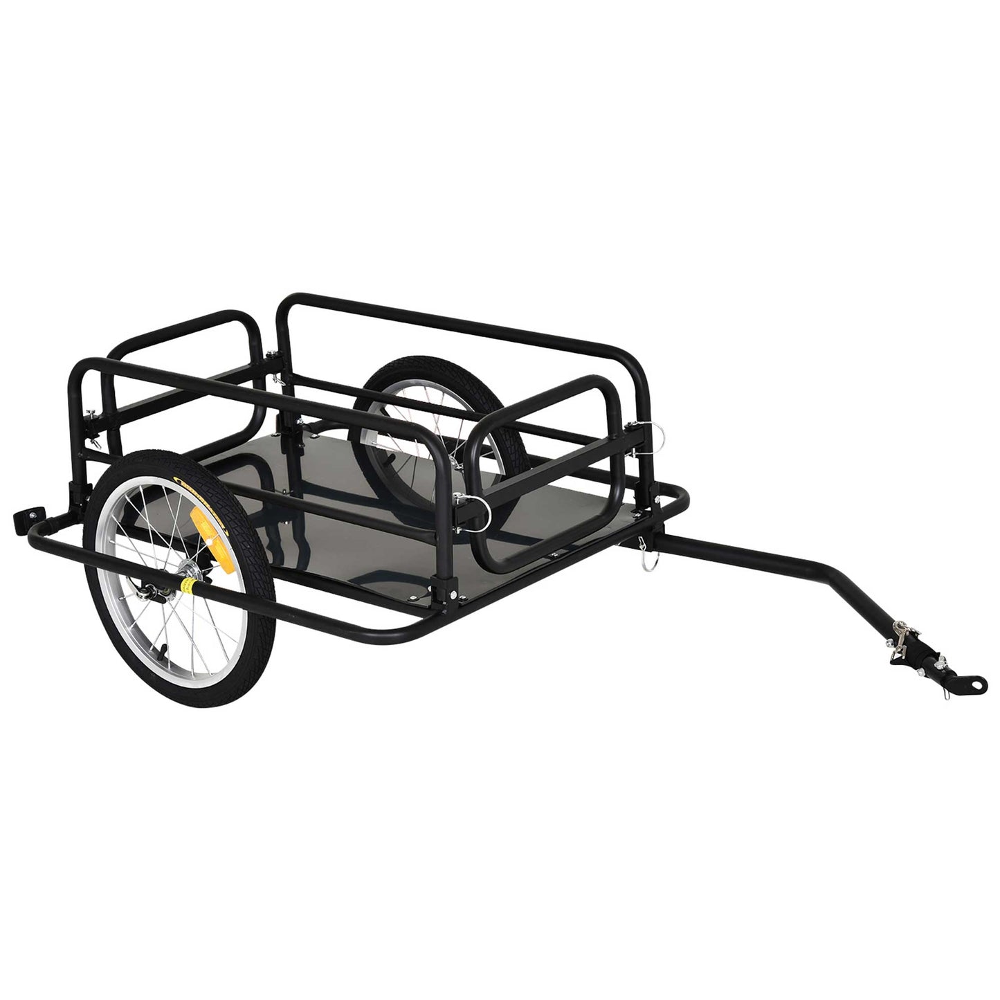 Black metal bicycle cargo trailer with two wheels and hitch attachment