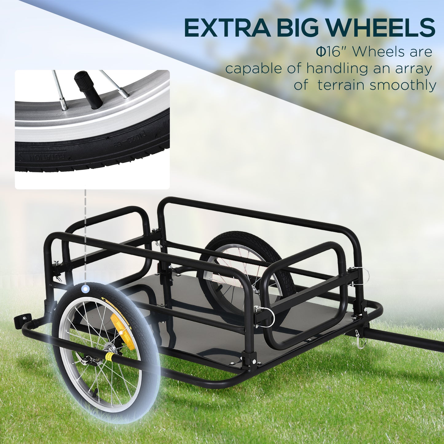 Black bicycle cargo trailer with large inch wheels for offroad use