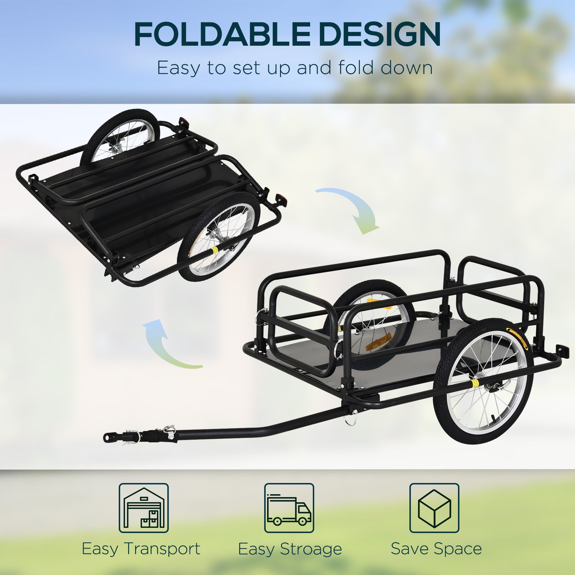Black foldable bicycle cargo trailer with two wheels and a tow bar for easy transport