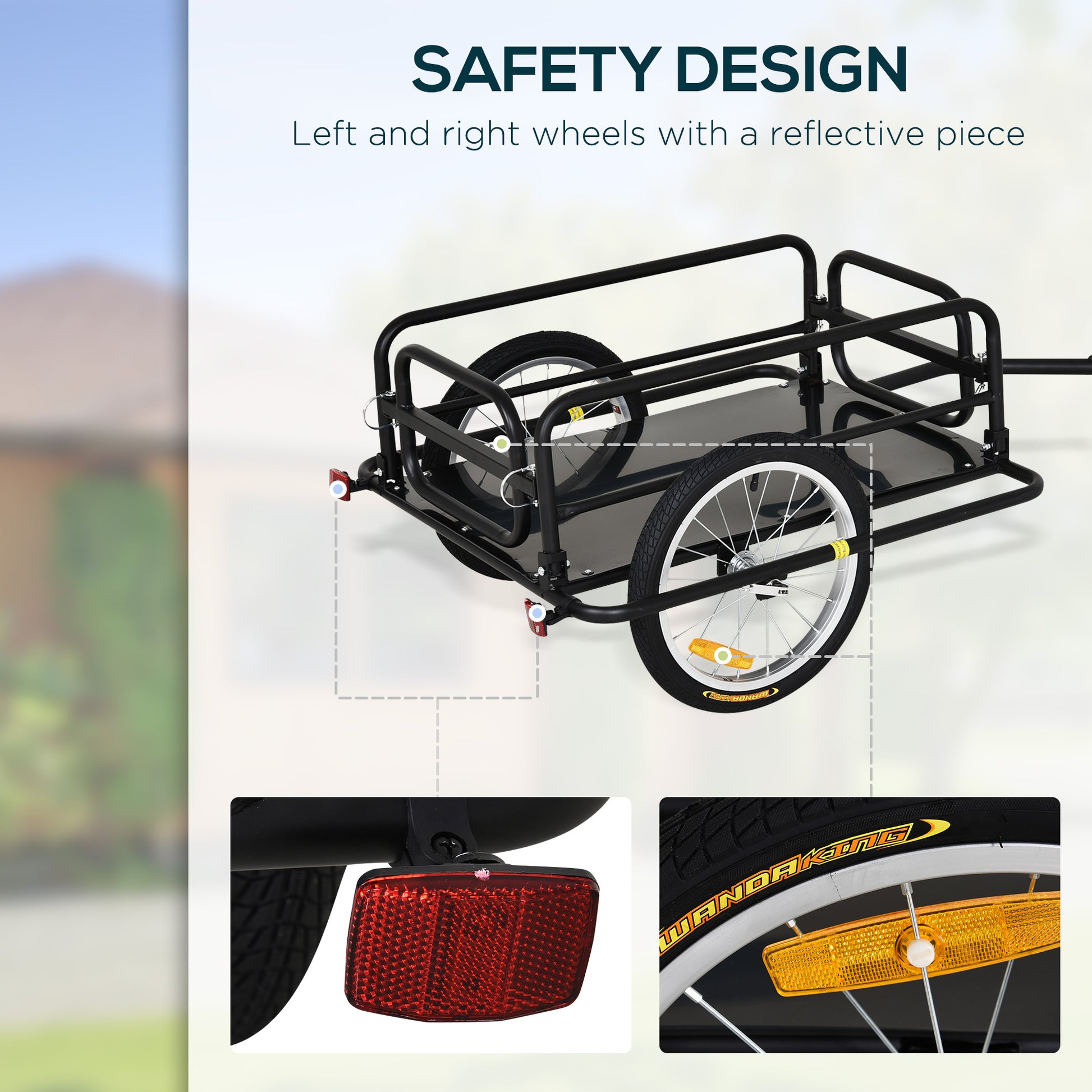 Black steel bicycle cargo trailer with rear red reflectors for safety