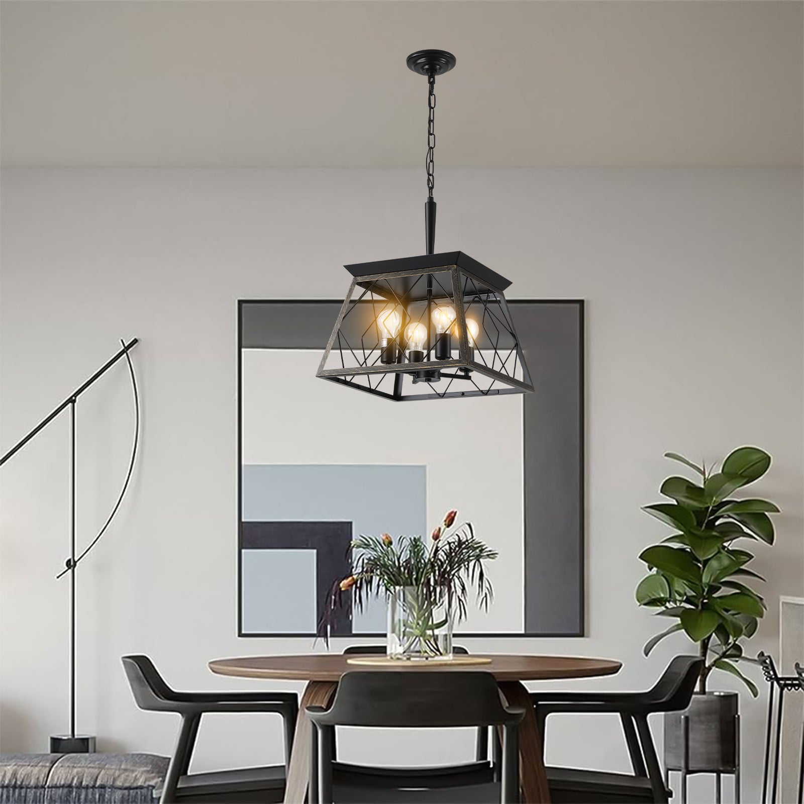 Black industrial pendant light with four bulbs and geometric cage design