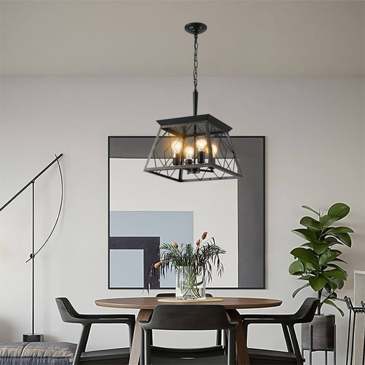 Black industrial pendant light with four bulbs and geometric cage design