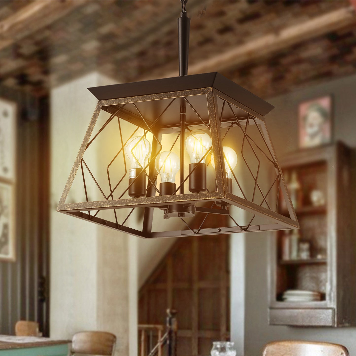 Rustic bronze farmhouse chandelier with four Edison bulbs and geometric cage design