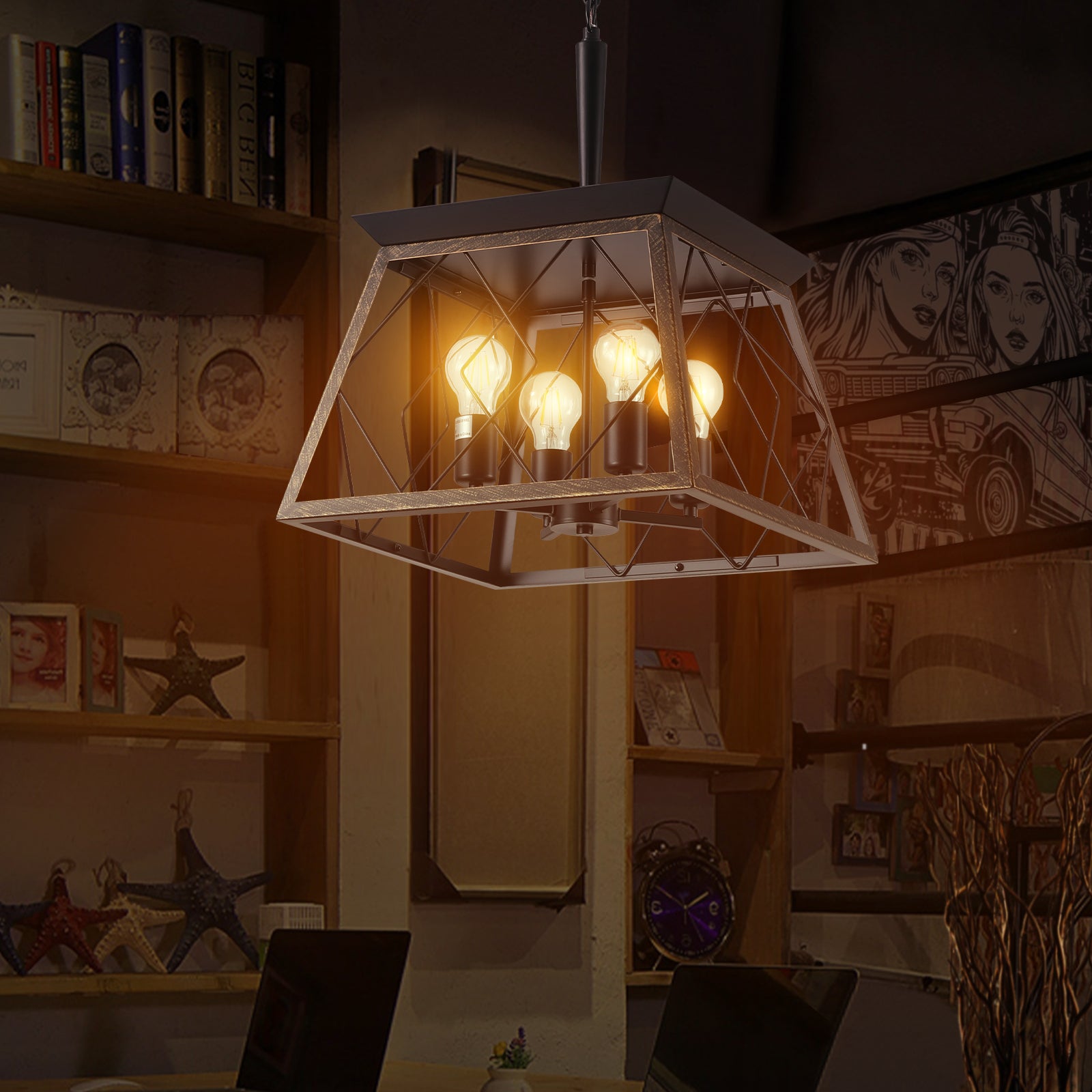 Industrialstyle black metal caged pendant light with four Edison bulbs