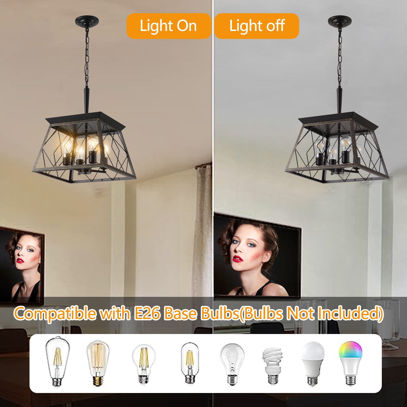 Black geometric cage pendant light with four visible E bulbs