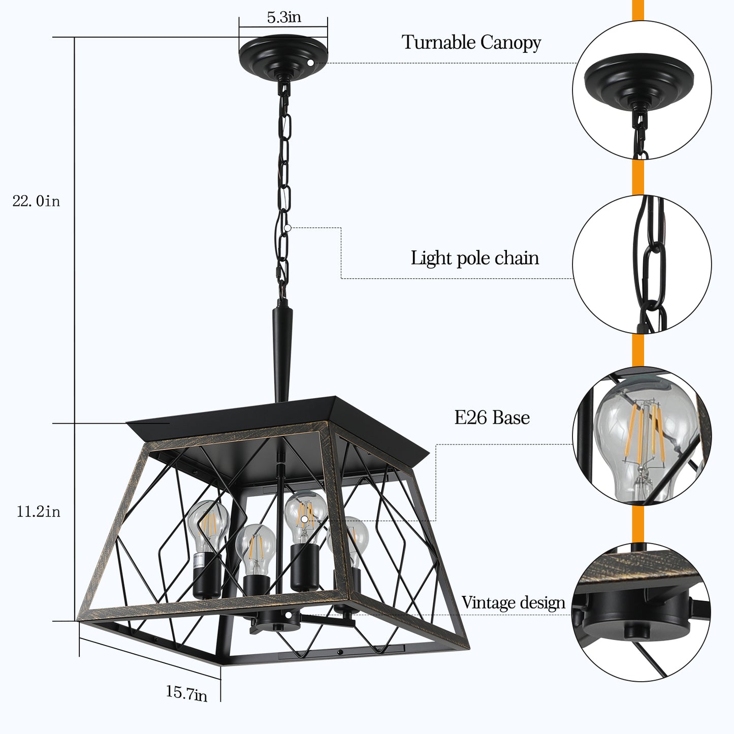 Black metal chandelier with diamond cage design four E bulbs and vintage detailing