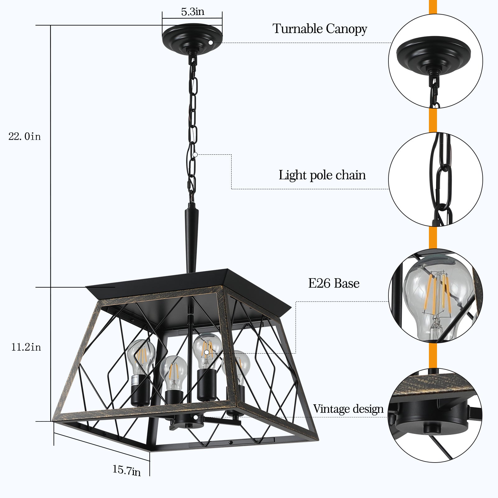 Black metal chandelier with diamond cage design four E bulbs and vintage detailing