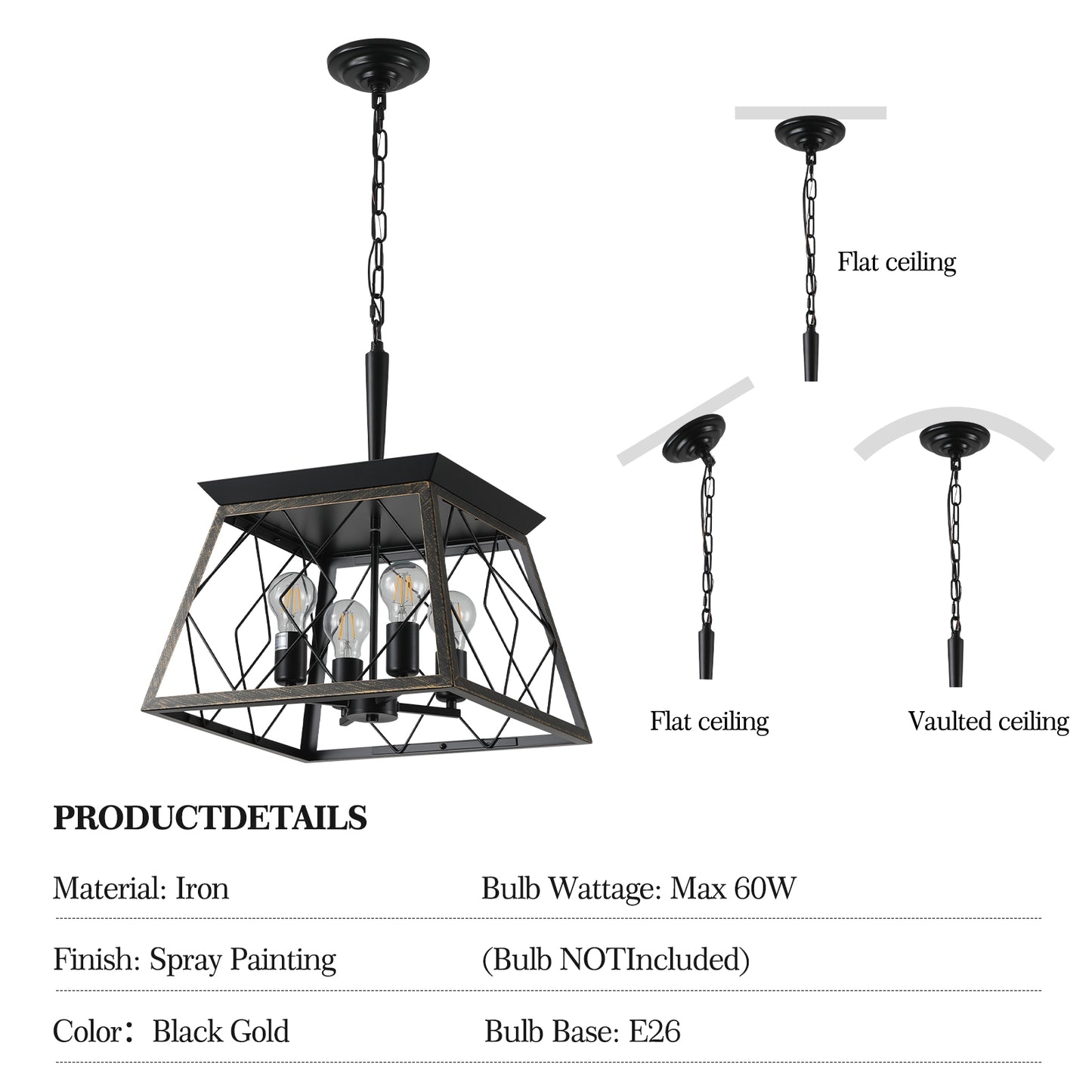 Black gold industrial cage chandelier with four exposed bulbs perfect for dining rooms
