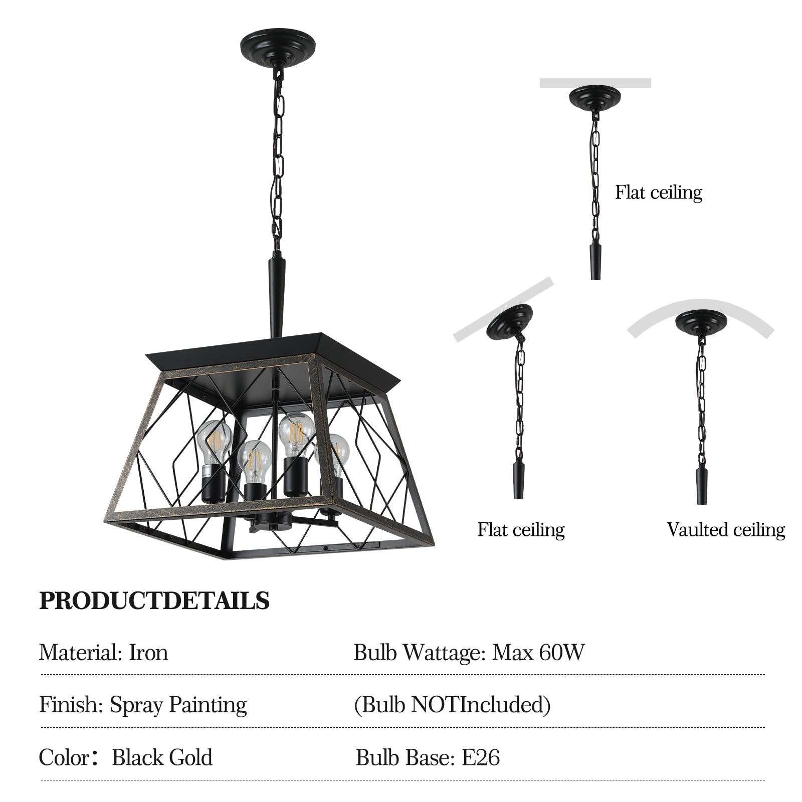 Black gold industrial cage chandelier with four exposed bulbs perfect for dining rooms