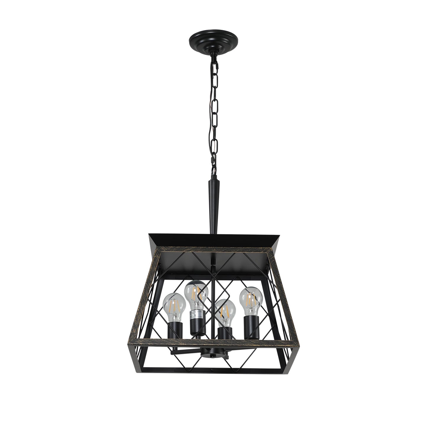 Black metal farmhouse pendant light with four clear Edison bulbs and rustic cage design