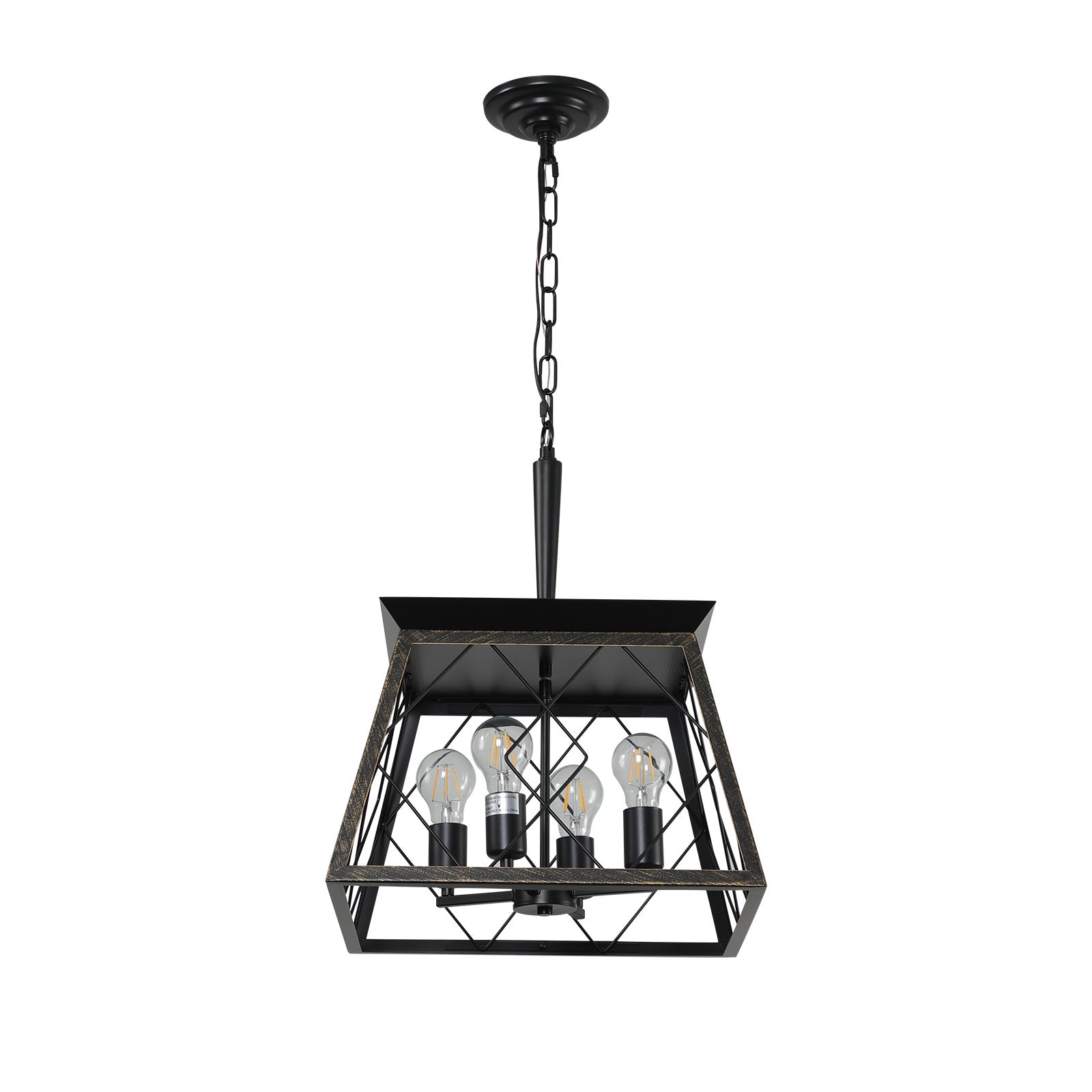 Black metal farmhouse pendant light with four clear Edison bulbs and rustic cage design