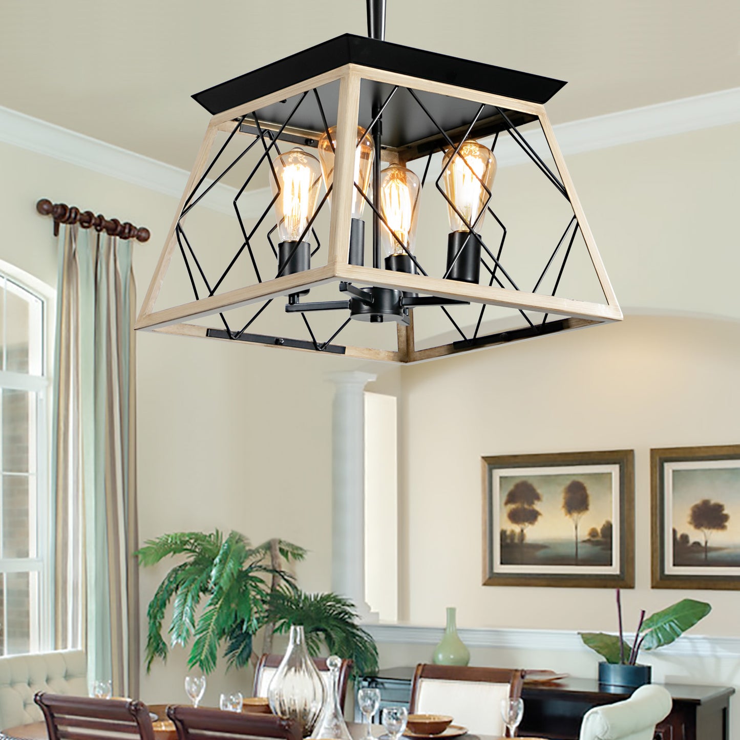 Farmhouse tiered chandelier with wood and black metal cage and four Edison bulbs