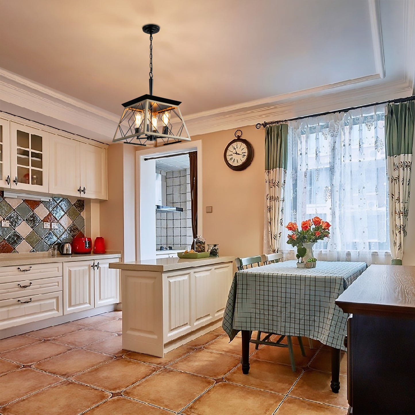 Farmhouse chandelier with black metal frame and exposed bulbs perfect for kitchen island lighting