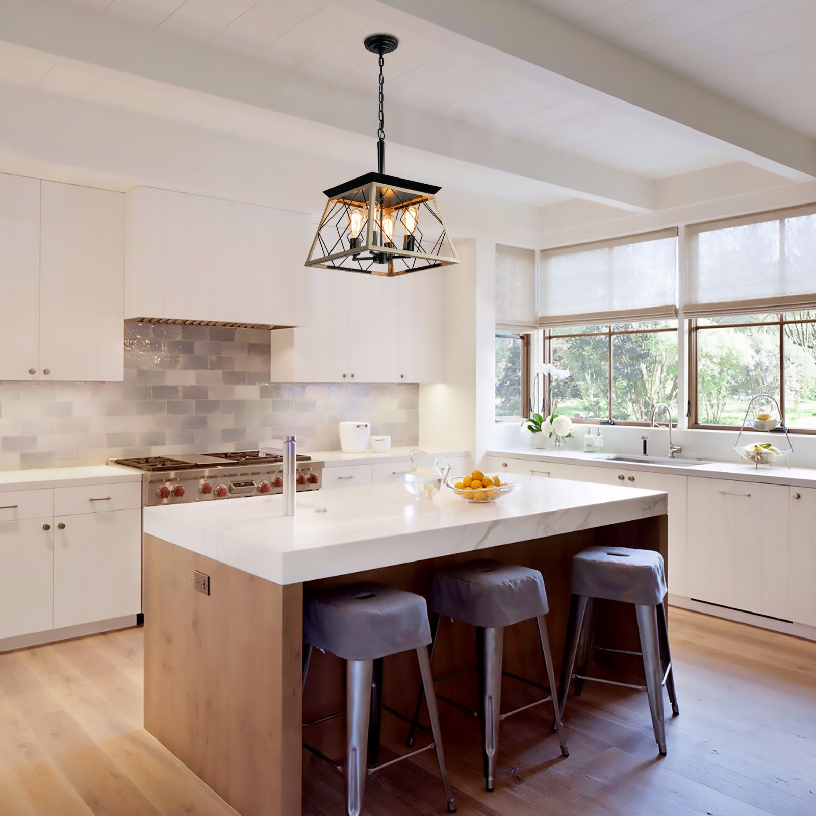 Farmhouse geometric pendant light with black metal and wood frame bulb industrial design