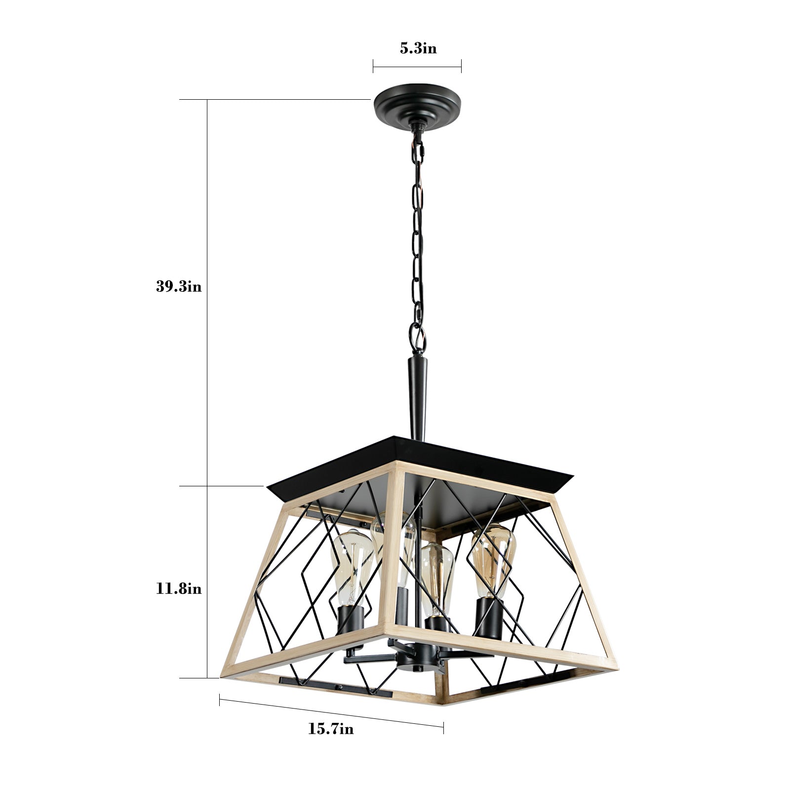 Rustic industrial pendant light with wood and black metal geometric frame