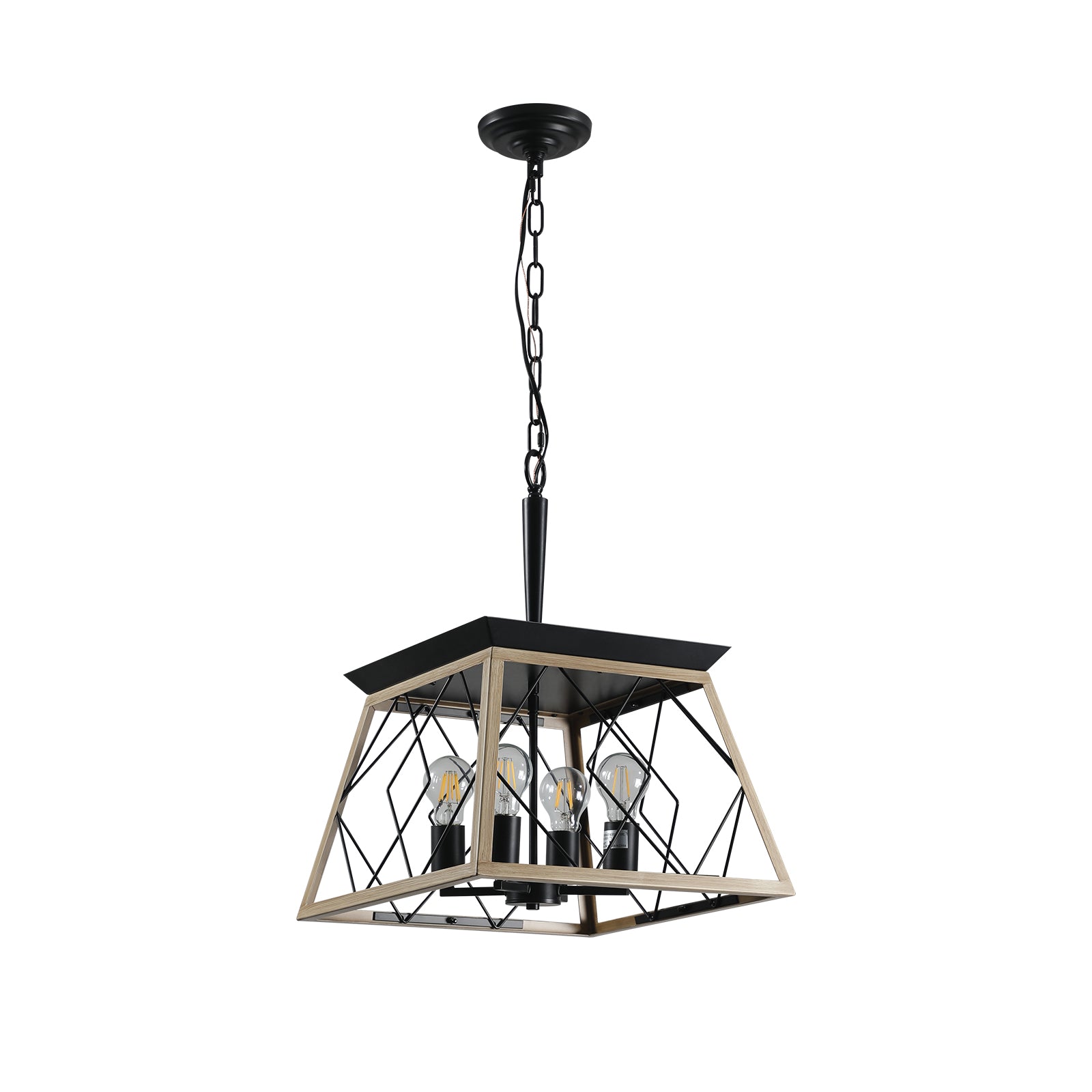 Modern geometric cage pendant light with wood and black finish ideal for dining rooms