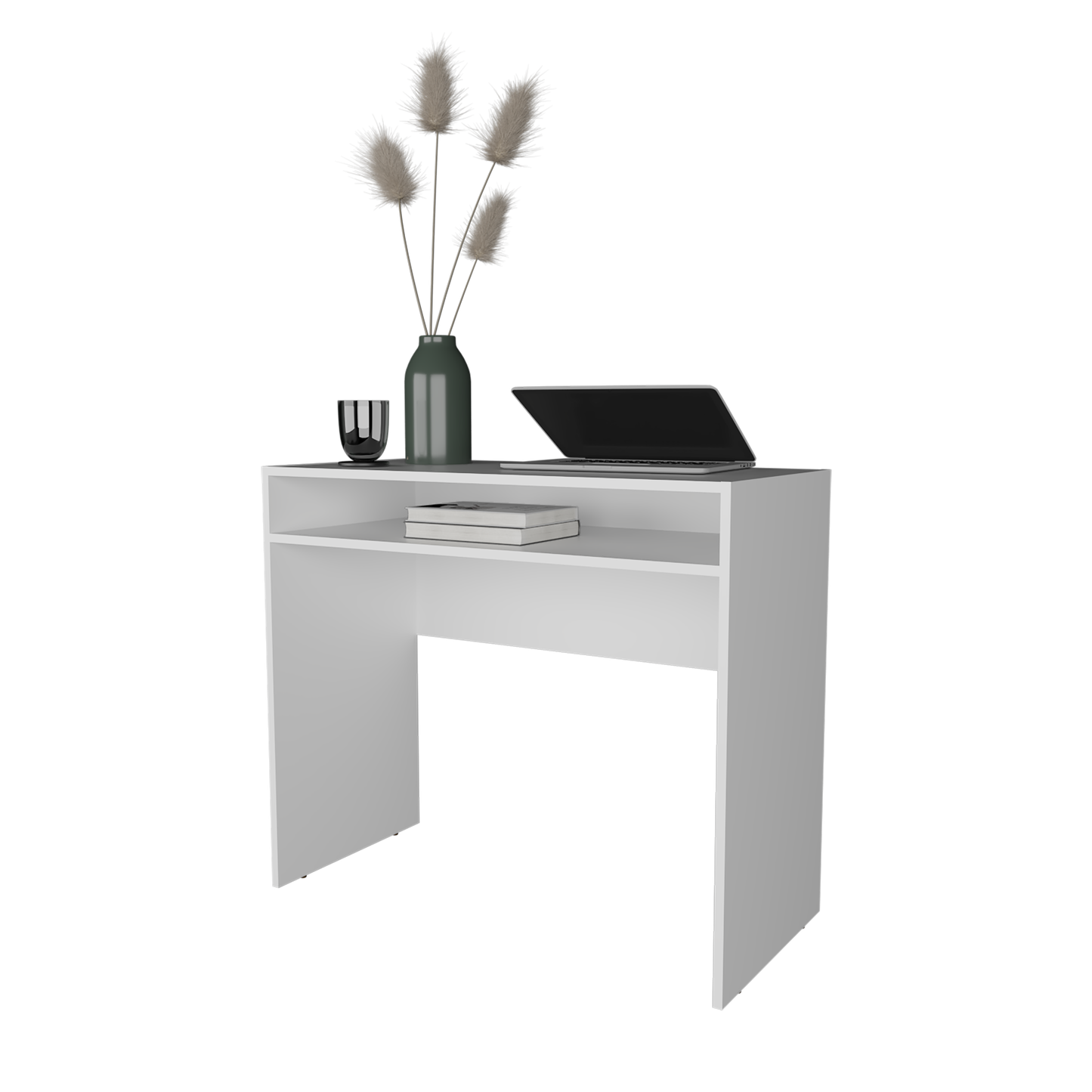 White modern desk with open shelf laptop and decorative reeds Perfect computer desk