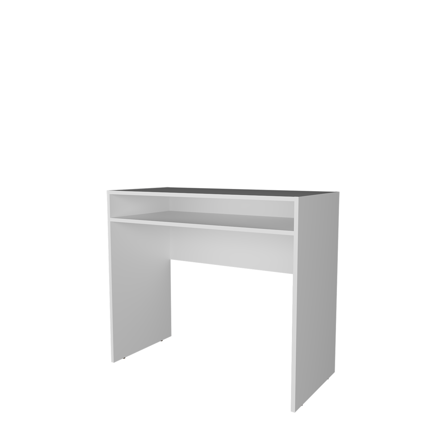 White modern desk with a single shelf and open storage compartments